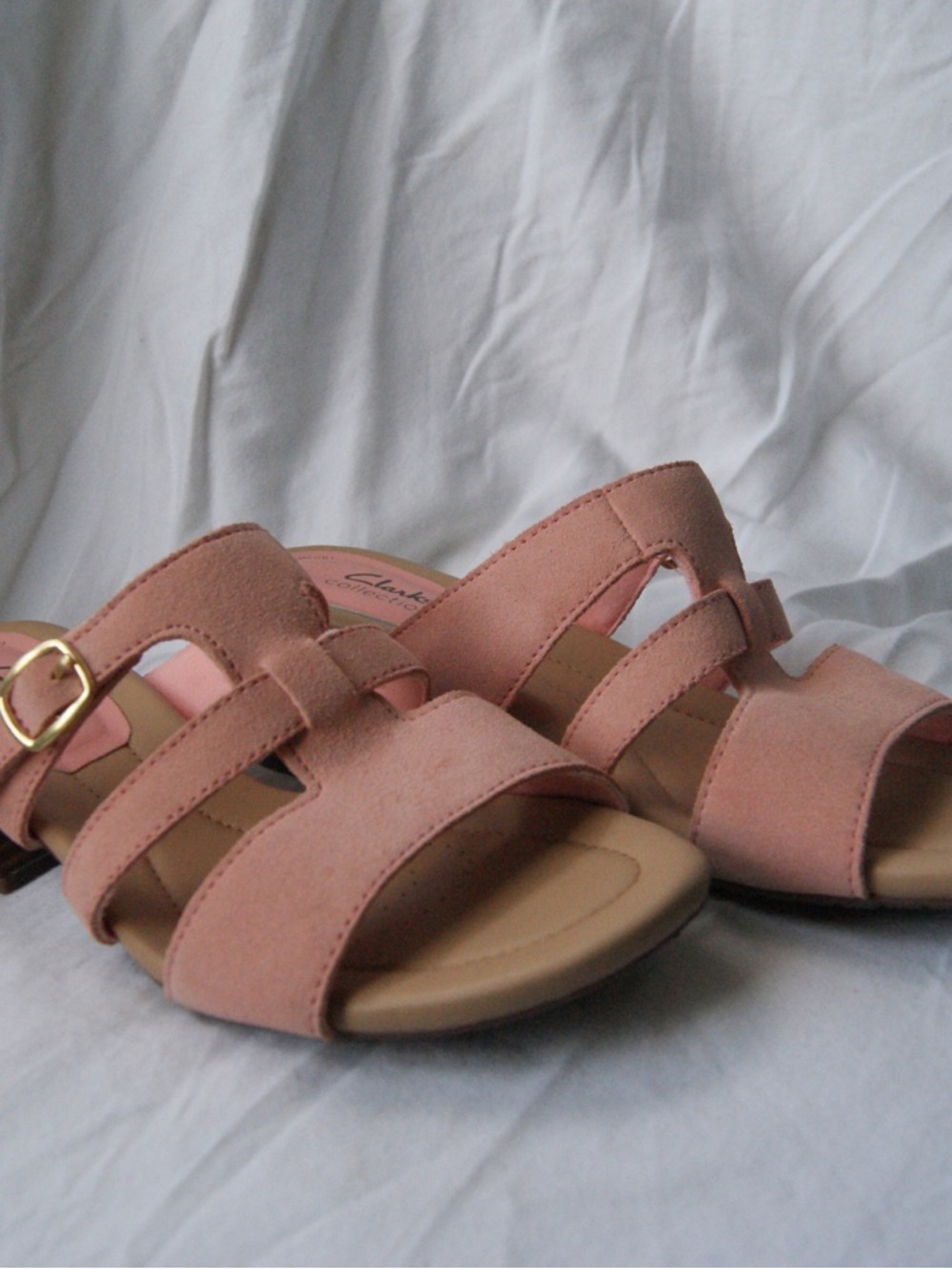 Clarks Peach/Pink Suede Slide Sandals with Buckle